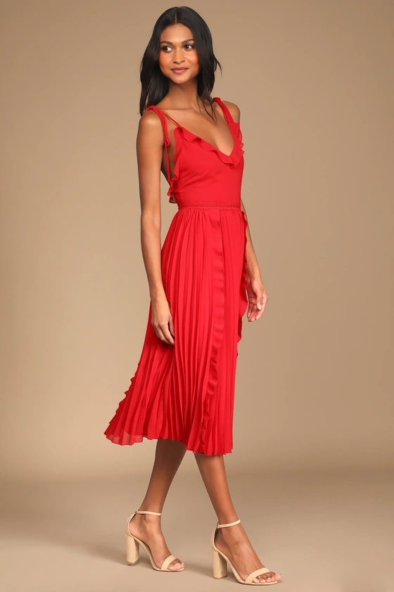 1-2 Never a Dull Moment Bright Red Tie-Strap Pleated Midi Dress